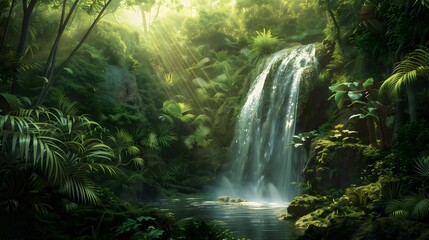 A secluded waterfall hidden within a lush forest - obrazy, fototapety, plakaty