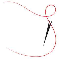 Fototapeta premium Sewing needle with a long red thread.Vector needle icon on a white background.Vector illustration