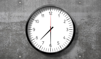 Time at half past 7 o clock - classic analog clock on rough concrete wall - 3D illustration