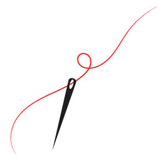 Fototapeta premium Sewing needle with a long red thread.Vector needle icon on a white background.Vector illustration