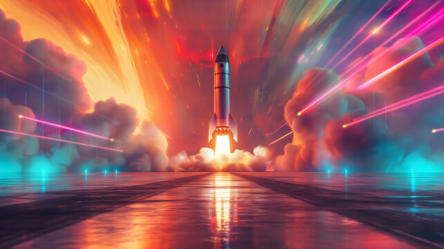 A rocket is launching into space with a colorful background