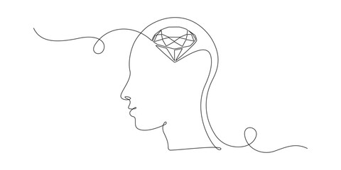Human head with diamond inside in One Continuous line drawing. Genias inspiration and perfection creative idea concept in simple linear style. Editable stroke. Doodle outline Vector illustration