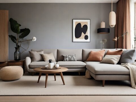 Modern Scandinavian home interior design characterized by an elegant living room featuring a comfortable sofa, mid century furniture, cozy carpet
