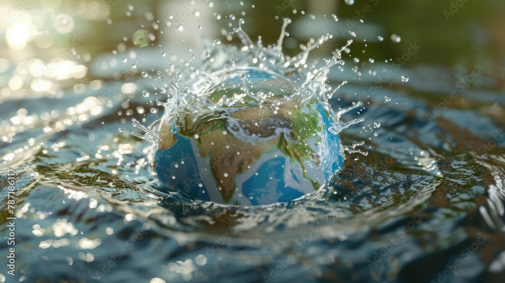 Poster a conceptual 3d model of a water drop splashing onto the earth, representing the impact of water con
