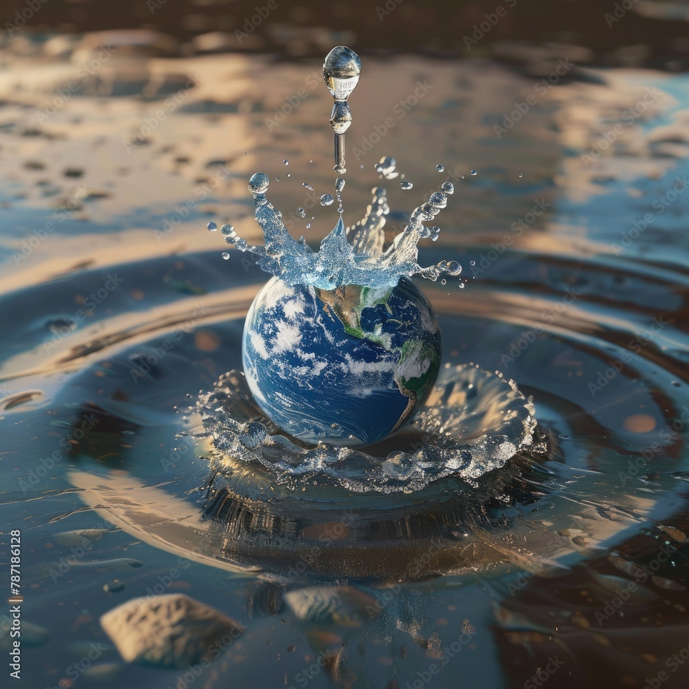 Poster a conceptual 3d model of a water drop splashing onto the earth, representing the impact of water con
