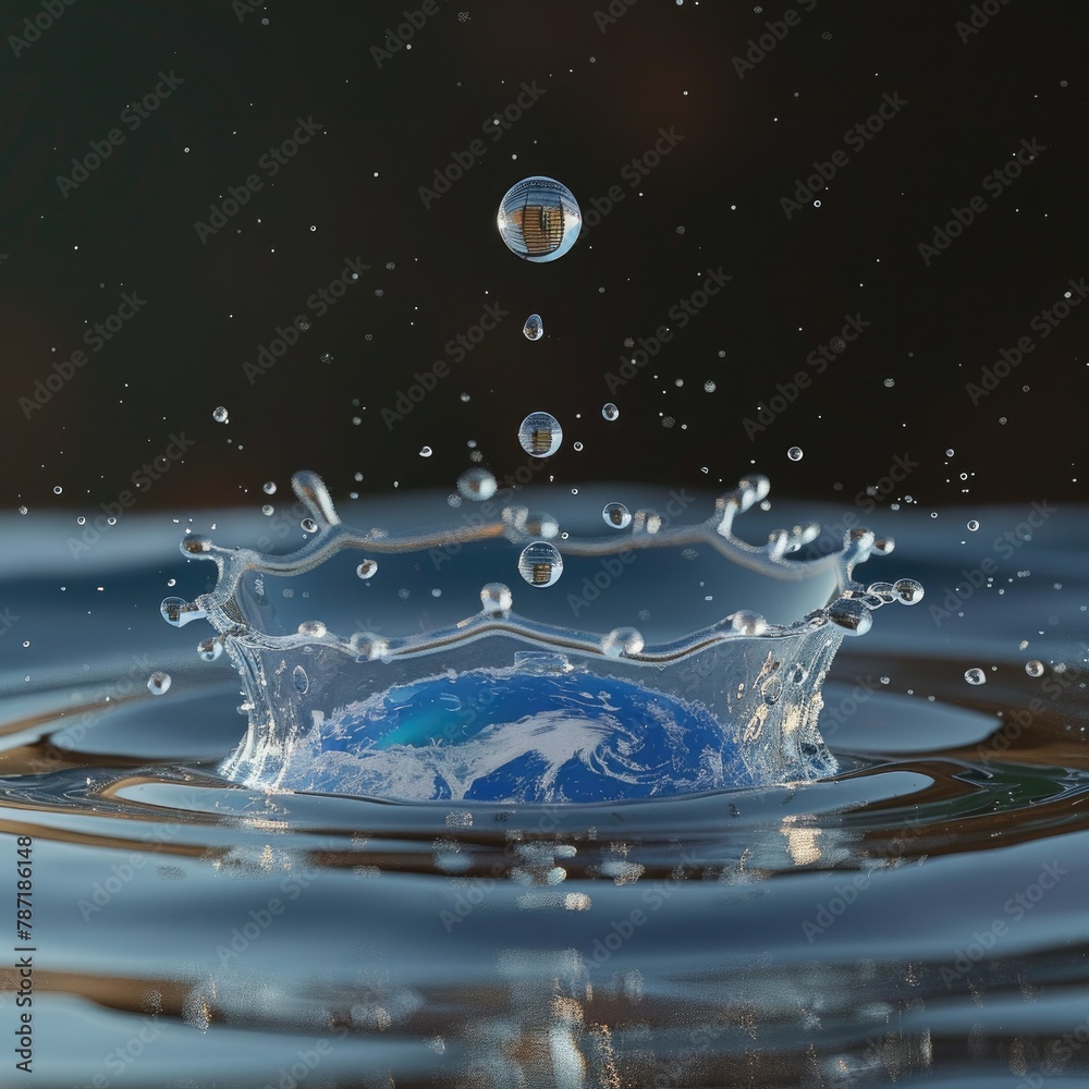 Poster a conceptual 3d model of a water drop splashing onto the earth, representing the impact of water con