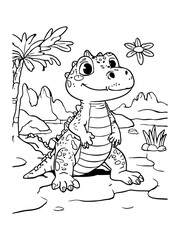 Simple clean line art of a happy crocodile on white background, vector.ai