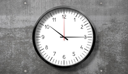 Time at quarter past 10 o clock - classic analog clock on rough concrete wall - 3D illustration