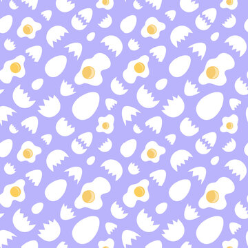 White eggs, broken shells and sunny side up fried eggs arranged diagonally on violet backdrop. Alluring seamless pattern for printing on various materials or use in graphic design projects.