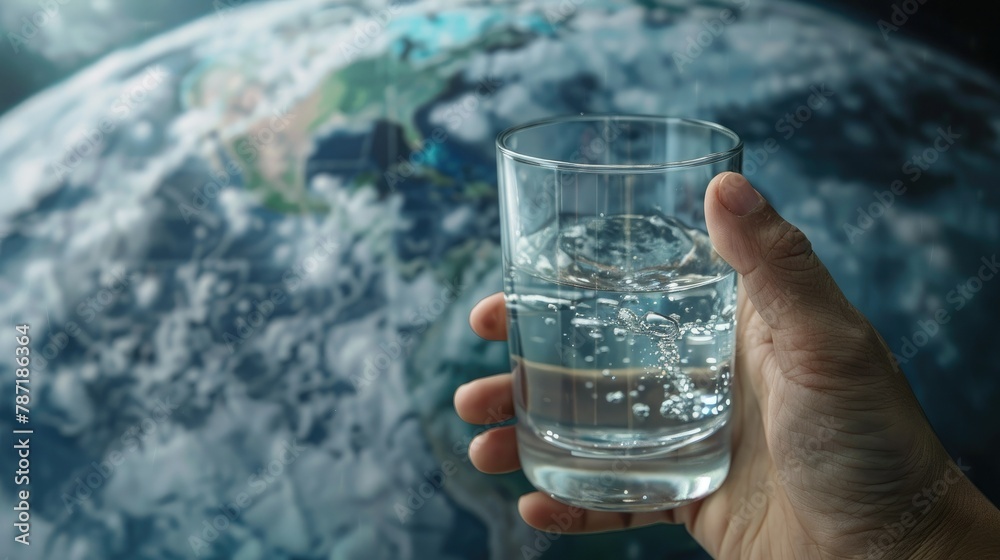 Poster a 3d visualization of a person holding a glass of water against the backdrop of a globe, emphasizing