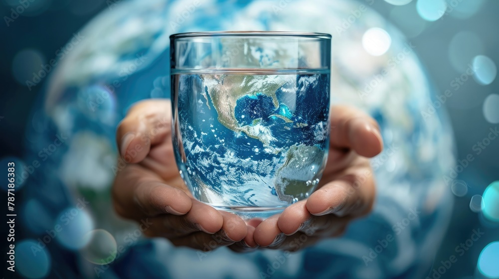 Poster a 3d visualization of a person holding a glass of water against the backdrop of a globe, emphasizing