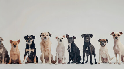 Composite image of funny cute dogs different breeds posing isolated over white studio background Concept of fashion pets love animal life Look happy delighted Copy space for ad flyer : Generative AI
