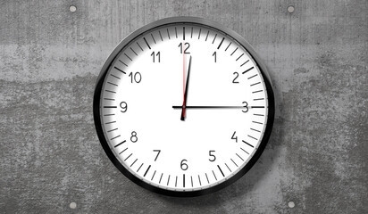 Time at quarter past 12 o clock - classic analog clock on rough concrete wall - 3D illustration
