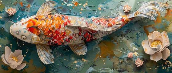 Folk art Koi fish with vibrant floral embellishments, detailed textures, bright daylight, closeup perspective - obrazy, fototapety, plakaty