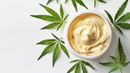 CBD cannabis cream on white background with banner for skincare product advertisement, natural cosmetic concept - obrazy, fototapety, plakaty
