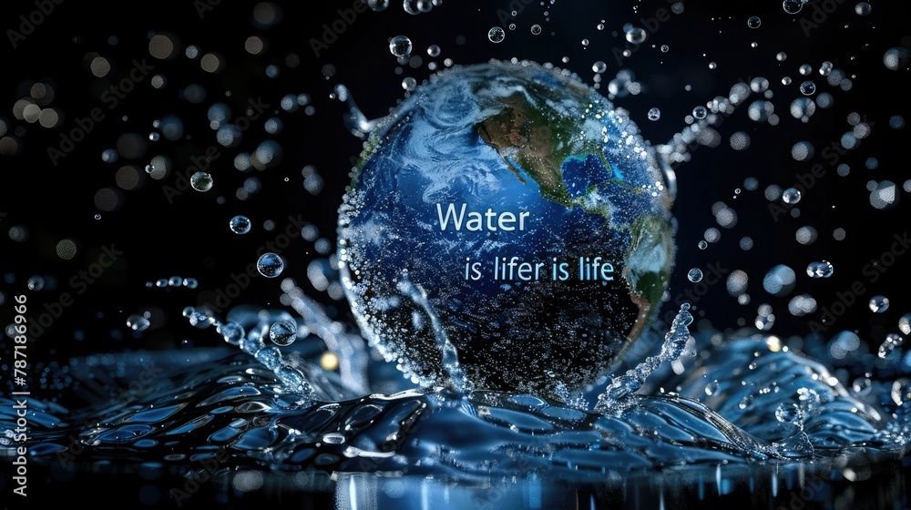 Poster a 3d rendering of water droplets forming the shape of the earth with the words 