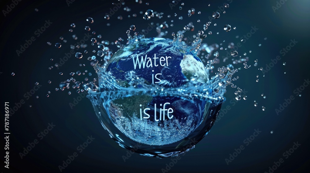 Poster a 3d rendering of water droplets forming the shape of the earth with the words 