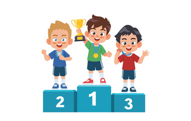 The boys received gold, silver and bronze medals. Stand on the winner's podium and hold the trophy.