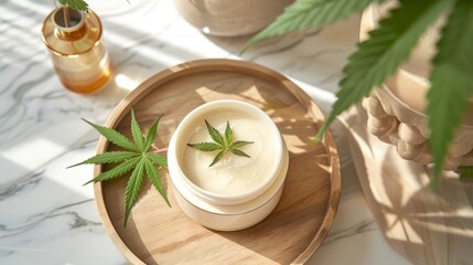 Obraz na płótnie Canvas CBD, Marijuana-infused cannabis face cream on white background for skincare and beauty concept, banner