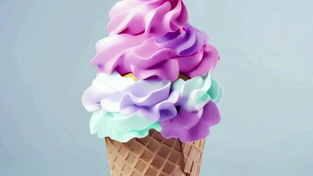 Colorfull pastel colors ice cream in waffle scoop close up zoom in.