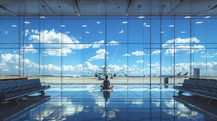 Silhouette of a businesswoman sitting in front of a window at the airport.