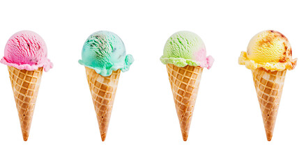 Four different colored ice cream cones with different flavors. The cones are all the same size and shape