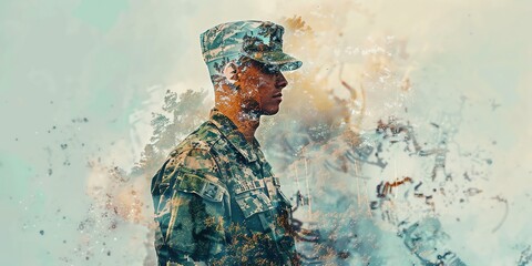 double exposure of a father hardworking in the army, fathers day, aspect ratio 2:1