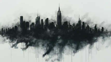 Photo sur Aluminium Peinture d aquarelle gratte-ciel A city skyline is painted in black and white with a smoky haze
