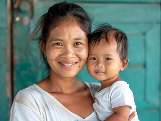A warm-hearted Cambodian mother in a white T-shirt tenderly holding her baby