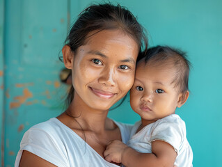 A warm-hearted Cambodian mother in a white T-shirt tenderly holding her baby - obrazy, fototapety, plakaty