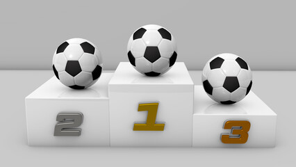 Podium square for first, second and third place with soccer ball. Award ceremony. Elements in 3D renderings. White podium with reflections. Gold, silver and bronze winners ceremony. © CORIN