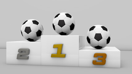 Podium square for first, second and third place with soccer ball. Award ceremony. Elements in 3D renderings. White podium with reflections. Gold, silver and bronze winners ceremony. - obrazy, fototapety, plakaty
