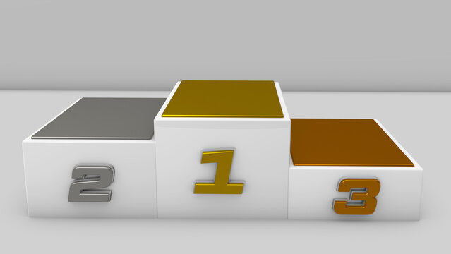 Podium place for first, second and third place. Award ceremony. Elements in 3D renderings. White podium with reflections. Winners ceremony. Gold, silver and bronze.