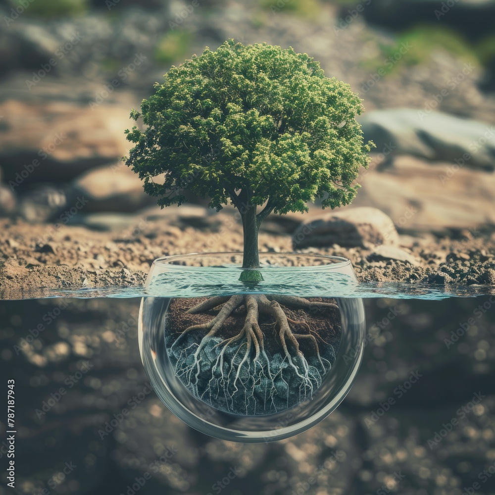 Poster An artistic 3D representation of a tree with roots reaching into a globe filled with water, symbolizing the importance of water for life.