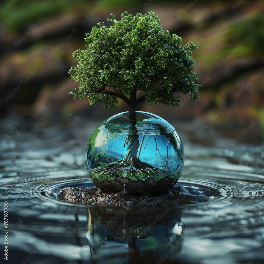 Poster an artistic 3d representation of a tree with roots reaching into a globe filled with water, symboliz
