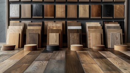 A display of wooden planks with a variety of colors and textures