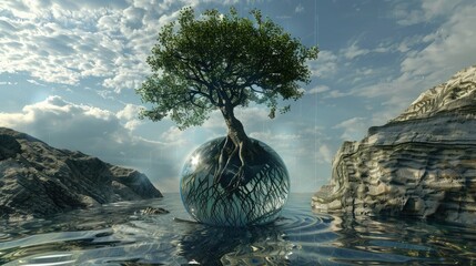 An artistic 3D representation of a tree with roots reaching into a globe filled with water, symbolizing the importance of water for life. 
