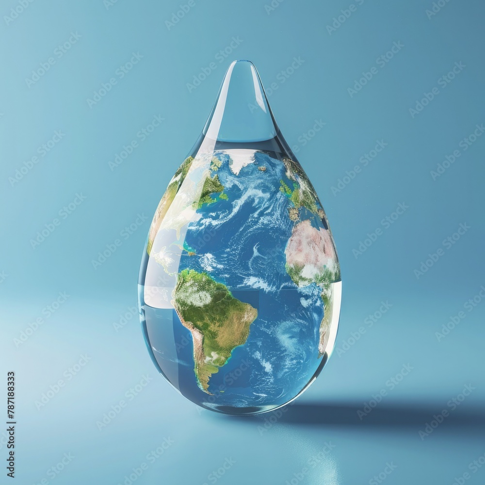 Poster a 3d concept of a water drop with a world map inside, highlighting the global significance of water 
