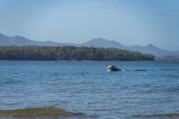 tinny dinghy boat on a river in a national park in the australian bush, On the beach in summer
