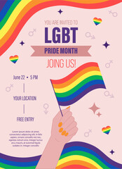 Invitation design for an LGBT event to celebrate Pride month. Hand holding LGBT flag. Elements of feminine and masculine principles, elements of the flag from below and from above. Text template