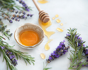 Lavender honey pouring with honey fresh lavender white surface. concept of natural honey, lavender - 787188768