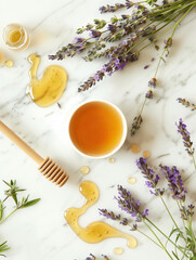 Lavender honey pouring with honey fresh lavender white surface. concept of natural honey, lavender - 787188799