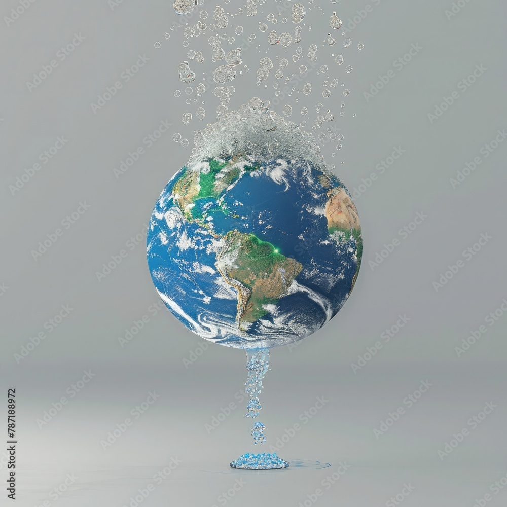 Poster a 3d model of earth with water droplets falling from the sky to represent the planet's water cycle.