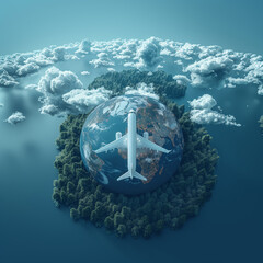 Airplane flying over a 3D globe with forest texture surrounded by clouds. Sustainable travel concept - 787188917