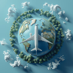 Airplane flying over a 3D globe with forest texture surrounded by clouds. Sustainable travel concept - 787189131