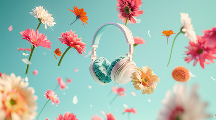 White and teal headphones floating in the air surrounded by pastel flowers on light turquoise background. Minimal spring and music idea