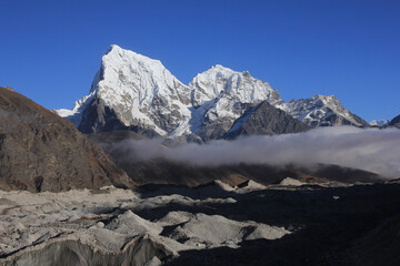 Lower part of the Ngozumba Glacier and snow covered mountains Cholatse and Tobuche, Nepal.