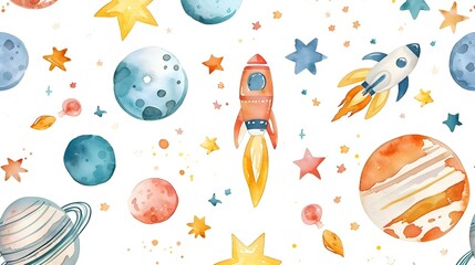 Minimalistic Banner for the World Cosmonautics Day with images of space objects, planets, rockets and satellites flying in the universe among the stars, the concept of festive watercolor