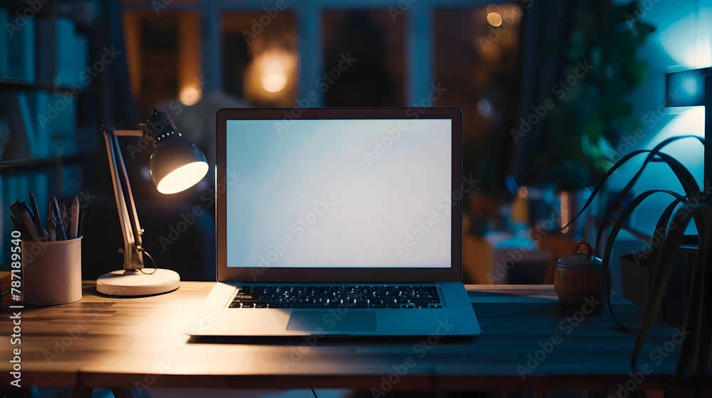 Fototapete Mock up Copy Space Blank Screen workspace with computer laptop on table : Generative AI