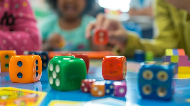 A teacher uses a variety of colorful props such as dice and playing cards to make statistics more relatable and engaging for their students. .